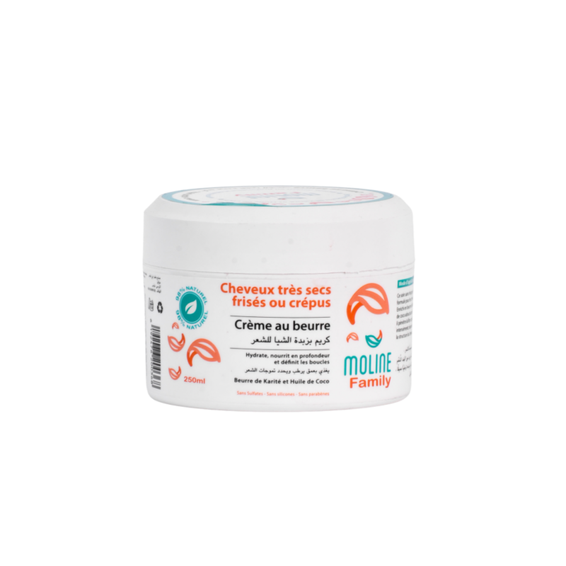 Pot de Leave-In Crème au Beurre Moline 250 ml, soin sans rinçage nourrissant pour cheveux crépus, frisés et très secs.